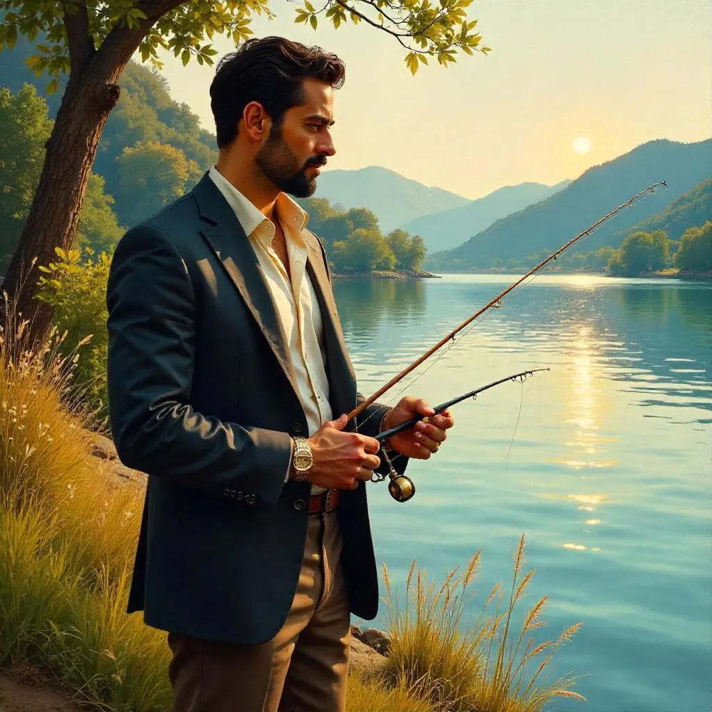 Elegant Latino Gentleman at a Lakeside Fishing Spot