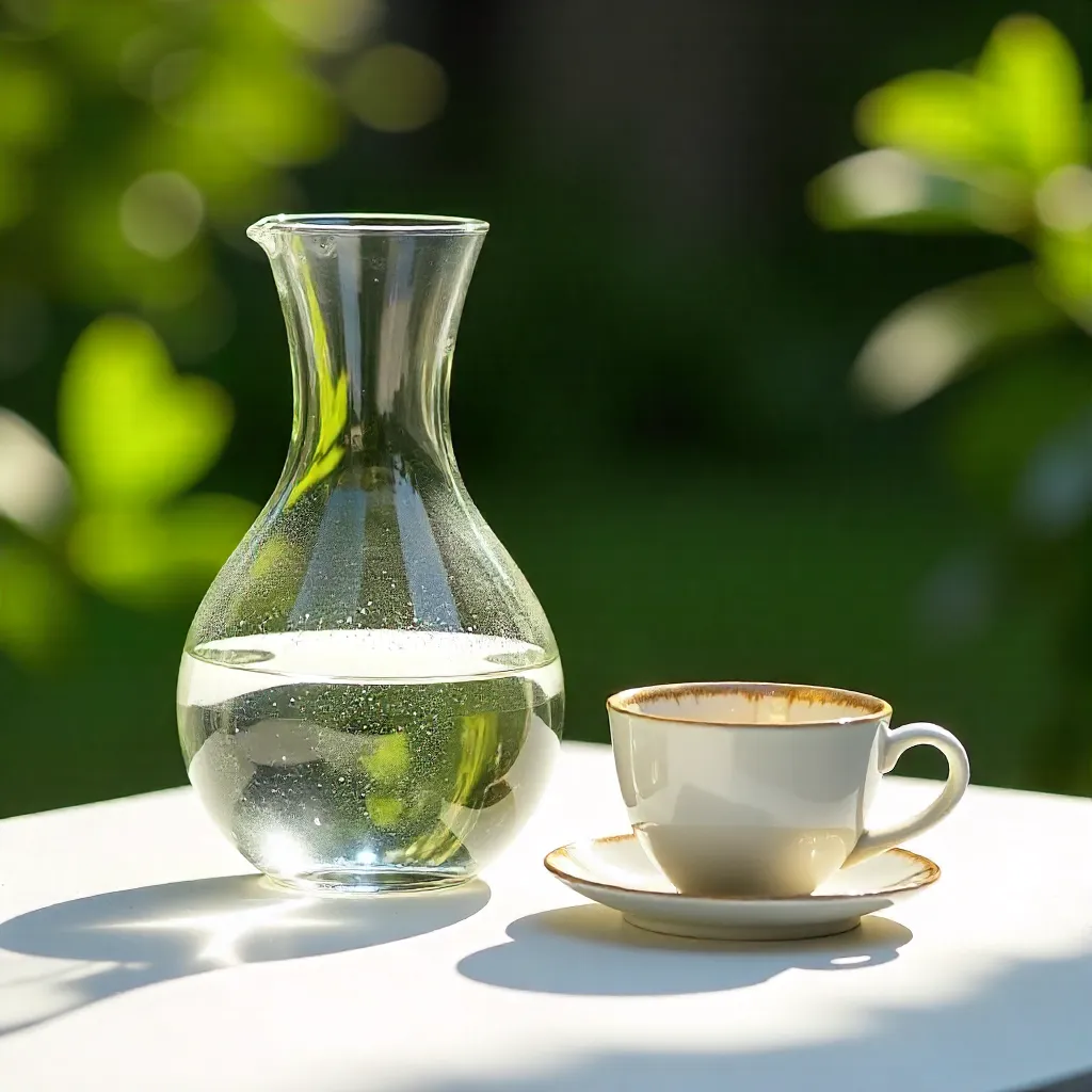 Sunlit Glass Carafe and Ceramic Cup on White Surface