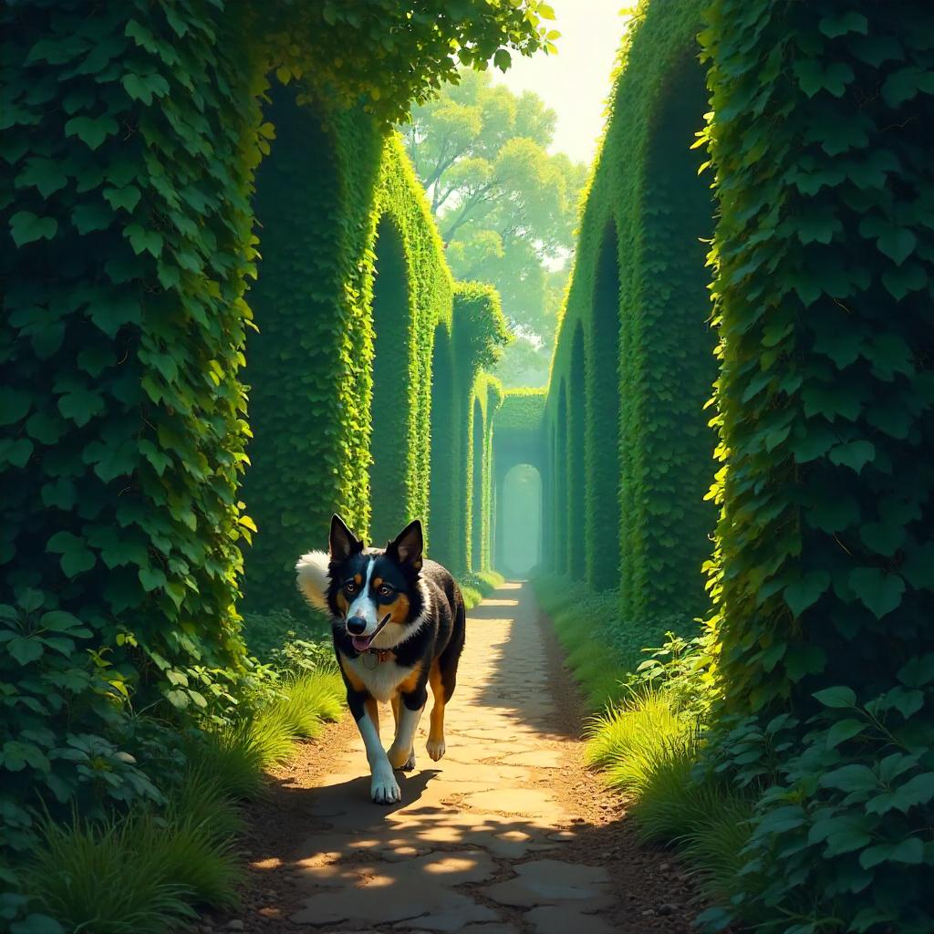 Curious Border Collie in a Hedge Maze — Concept Art