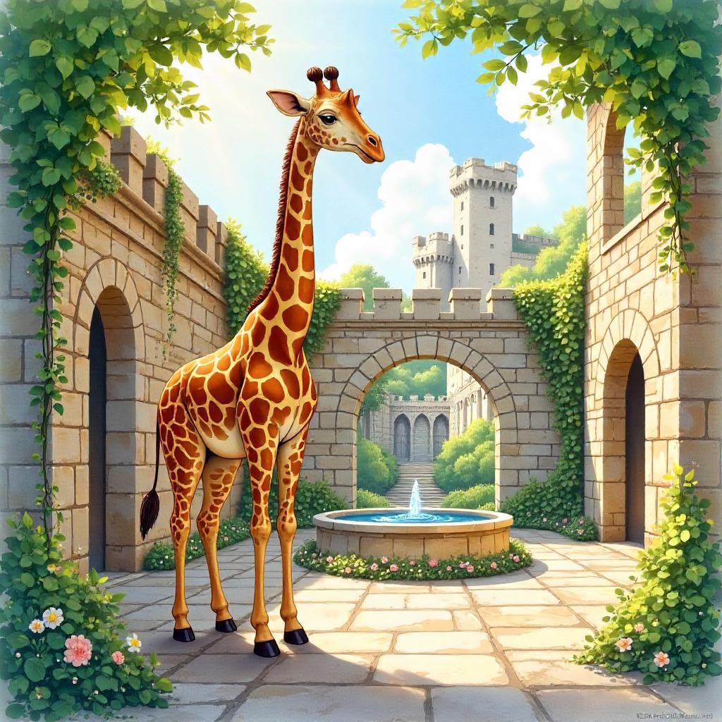 Whimsical Giraffe in a Watercolor Castle Courtyard