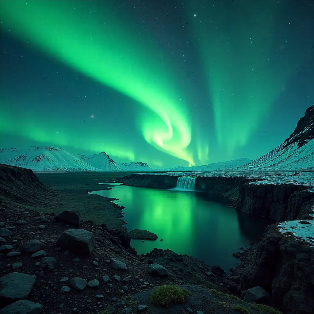 Emerald Aurora Over Icelandic Night Sky