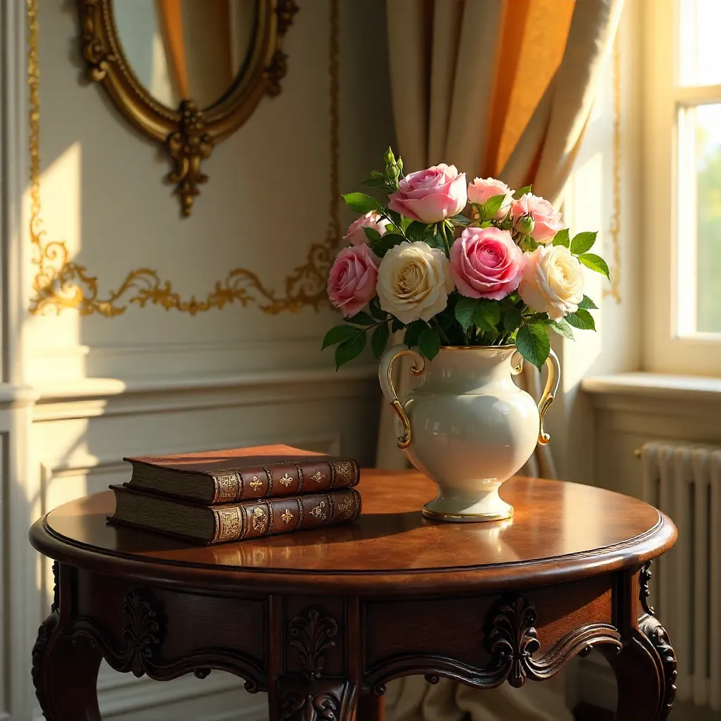 Elegant Vintage Interior: Floral Vase and Antique Books