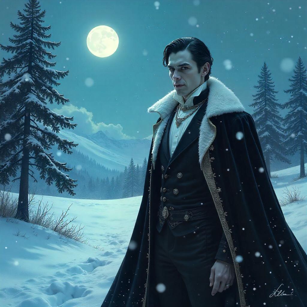 Moonlit Vampire in a Snowy Landscape