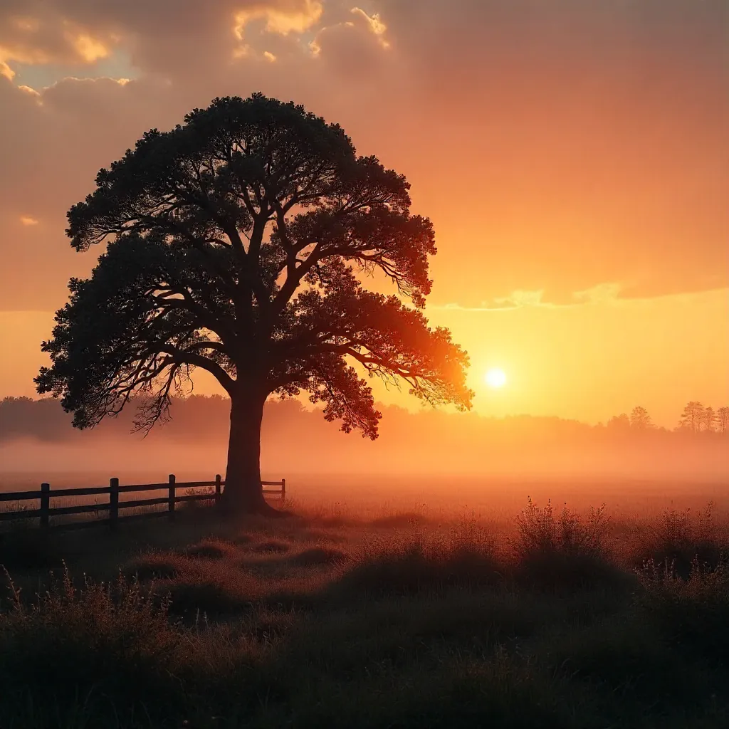 Silhouette of an Oak in a Foggy Estonian Sunset