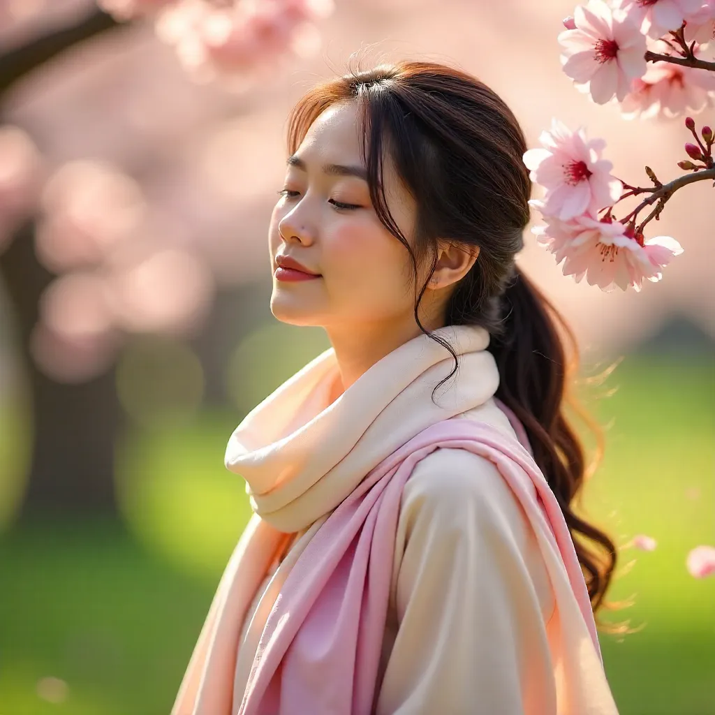 Serene Spring Portrait: Woman in Scarf Among Cherry Blossoms