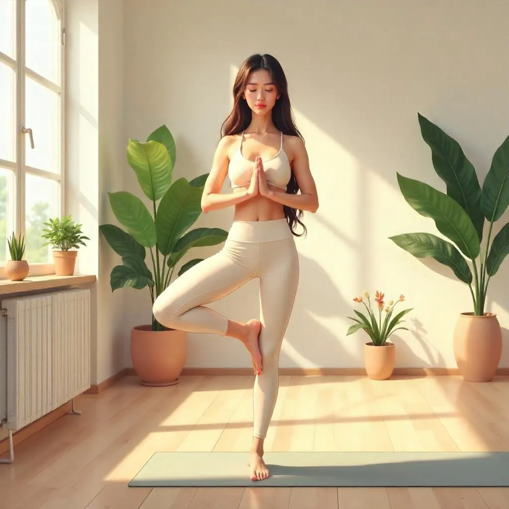 Elegant Anime Woman in a Serene Yoga Studio