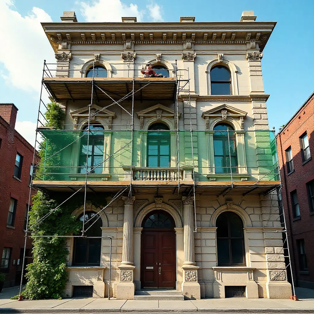 Elegant Historic Facade Enveloped by Renovation Scaffolding