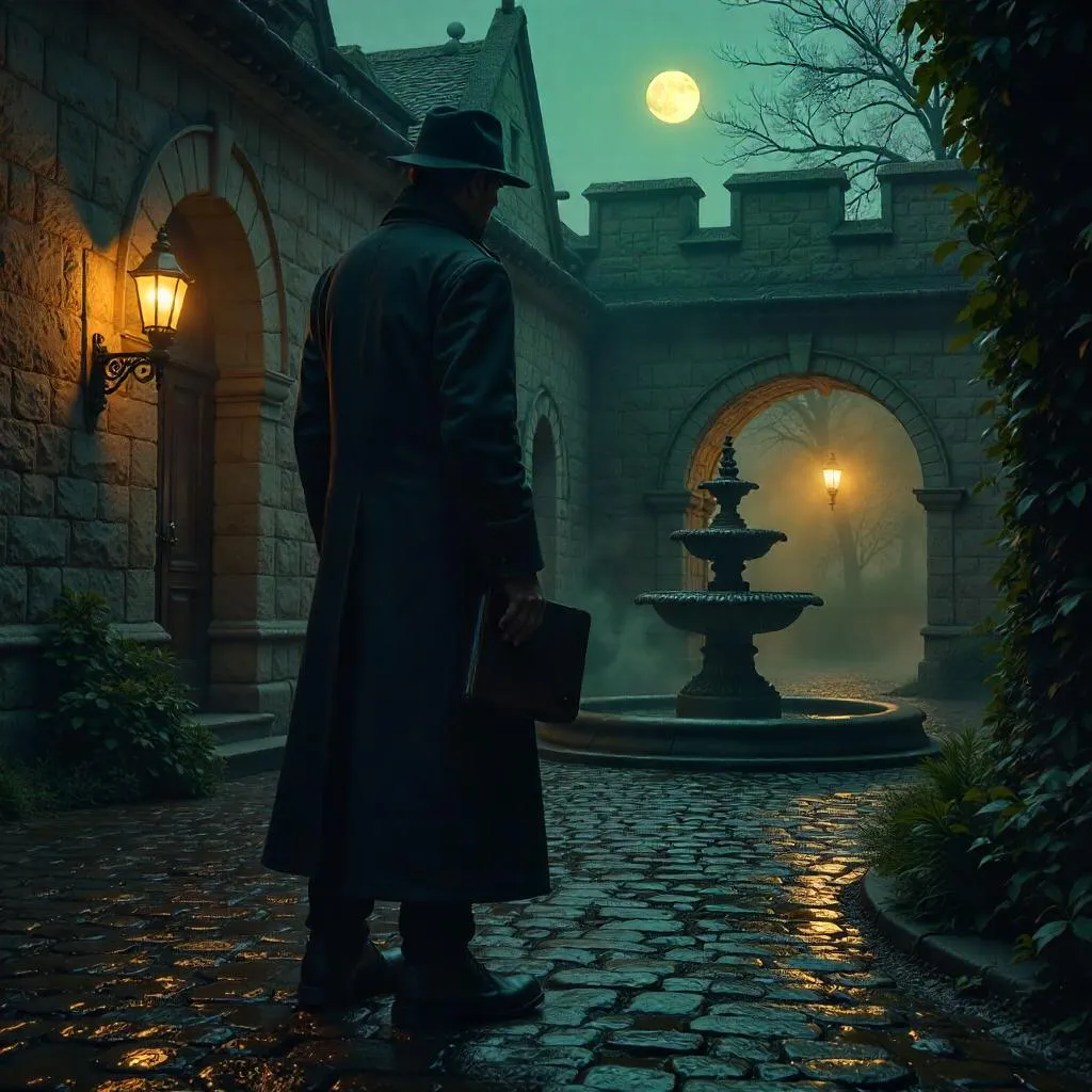 Photorealistic Detective in a Castle Courtyard