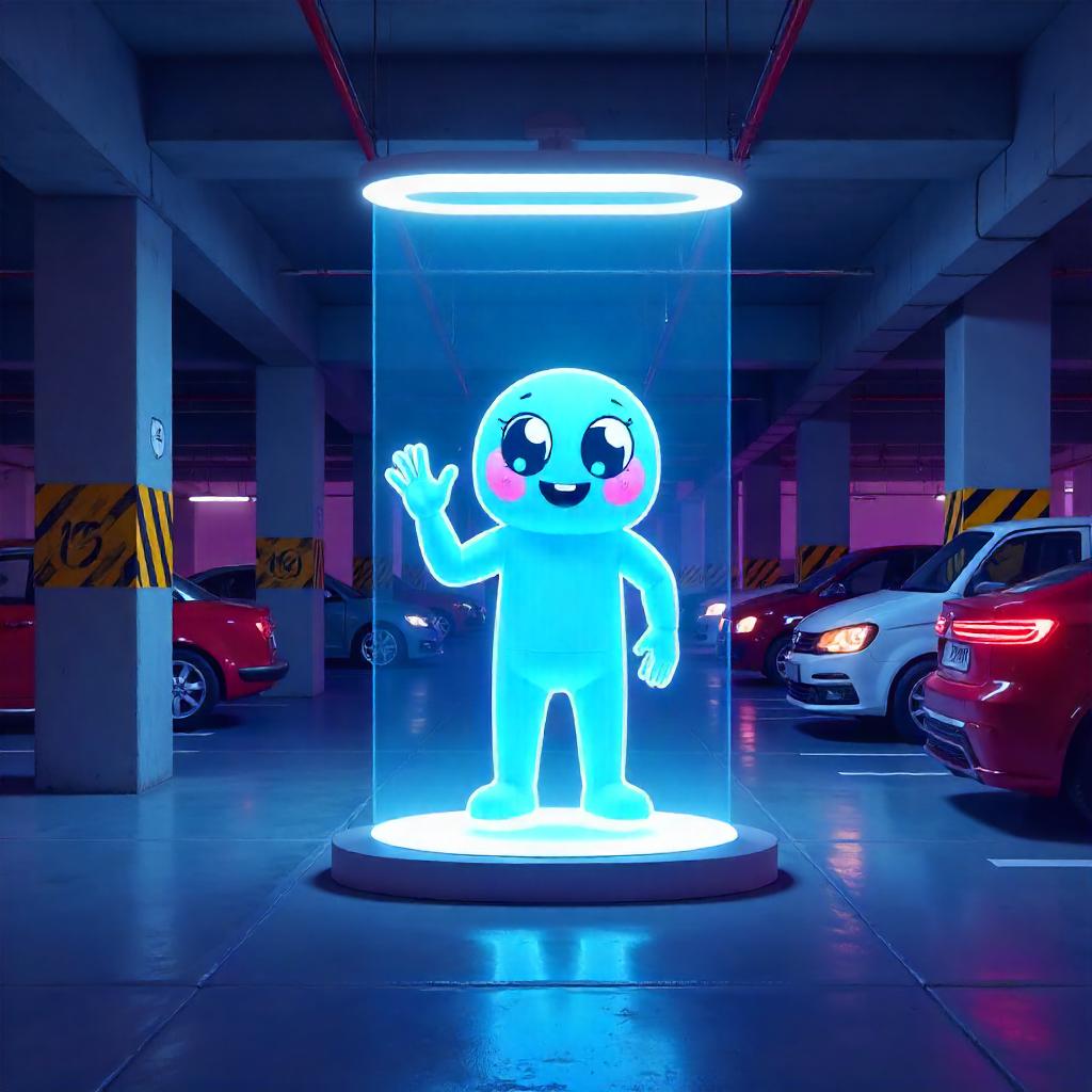 Cartoon Hologram in a Neon Parking Garage