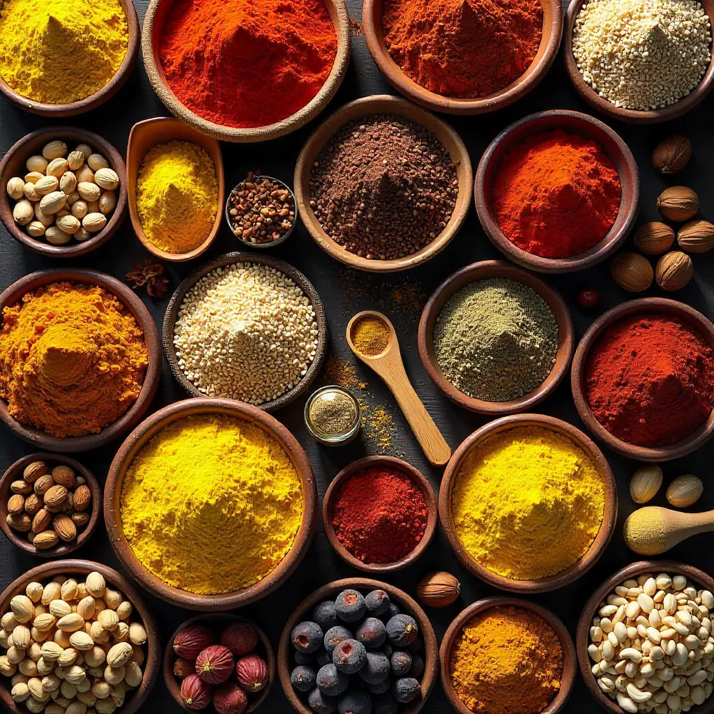 Vibrant Overhead Market Stand: Spices and Nuts
