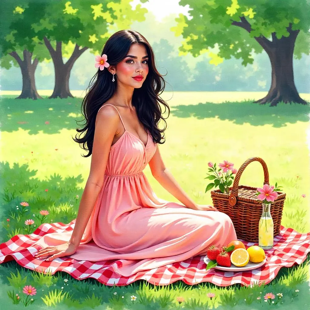 Elegant Latina at a Watercolor Picnic