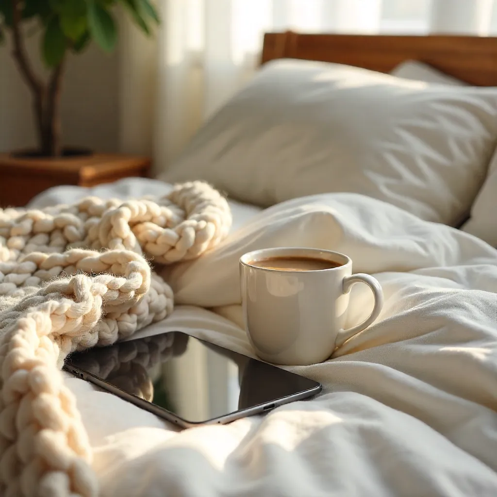 Cozy Bed Moment: Coffee Cup and Tablet