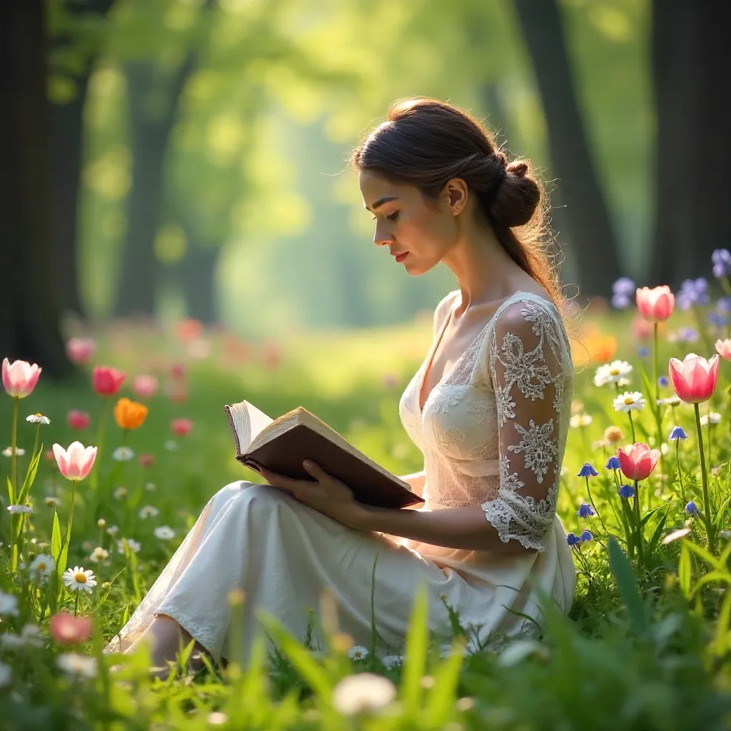 Lace Dress Reader in a Forest Meadow
