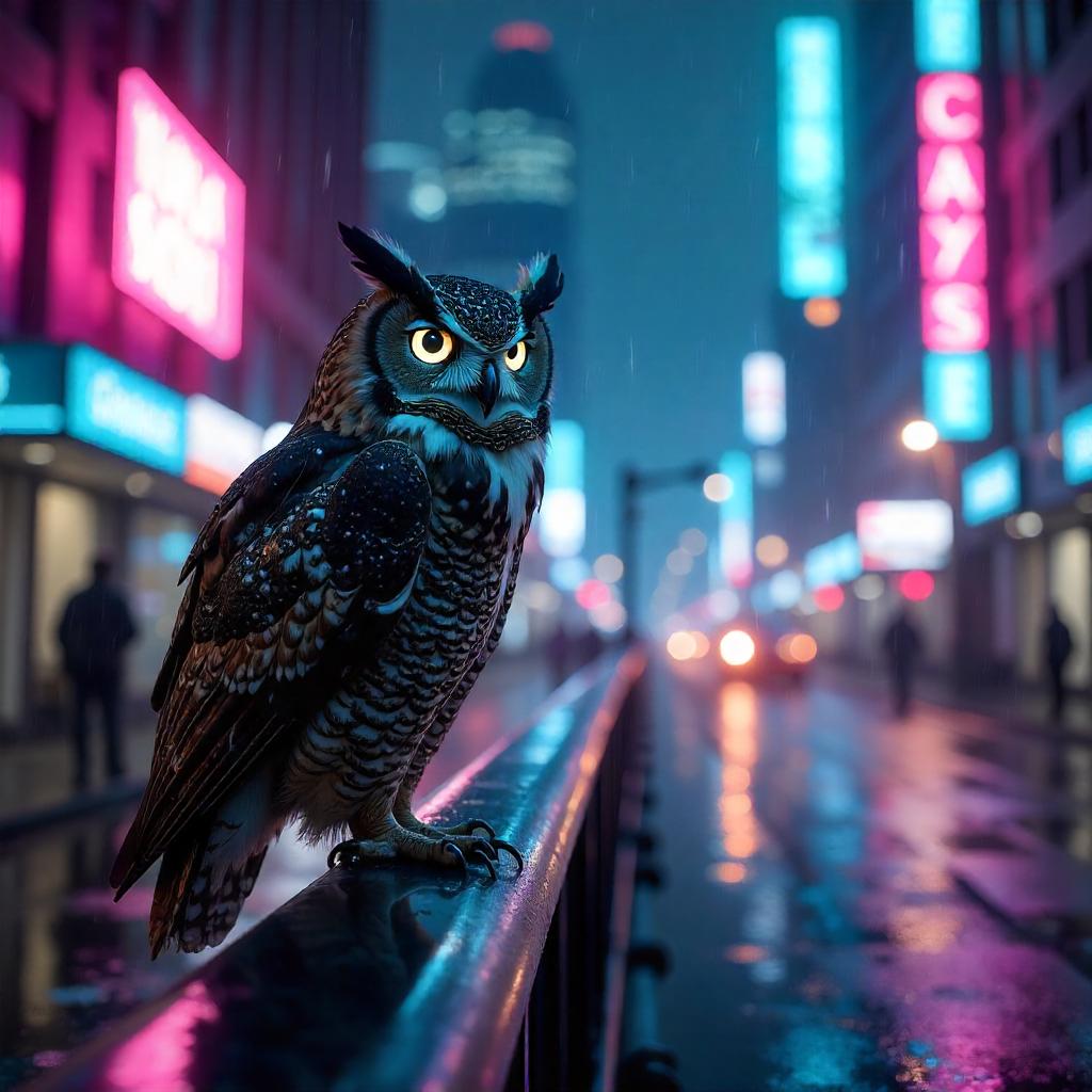 Neon Owl: A Cyberpunk Night Photograph