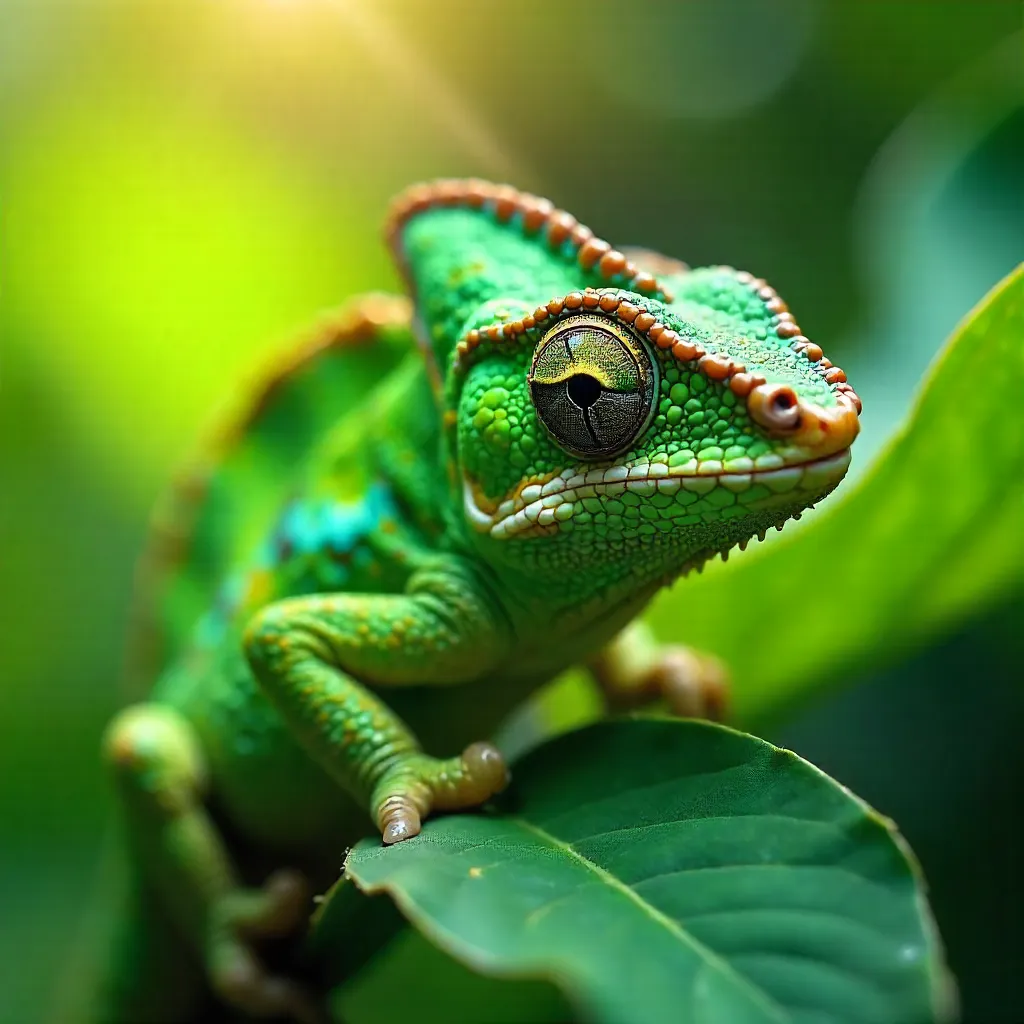 Vibrant Green Chameleon on Lush Leaves - Close-Up