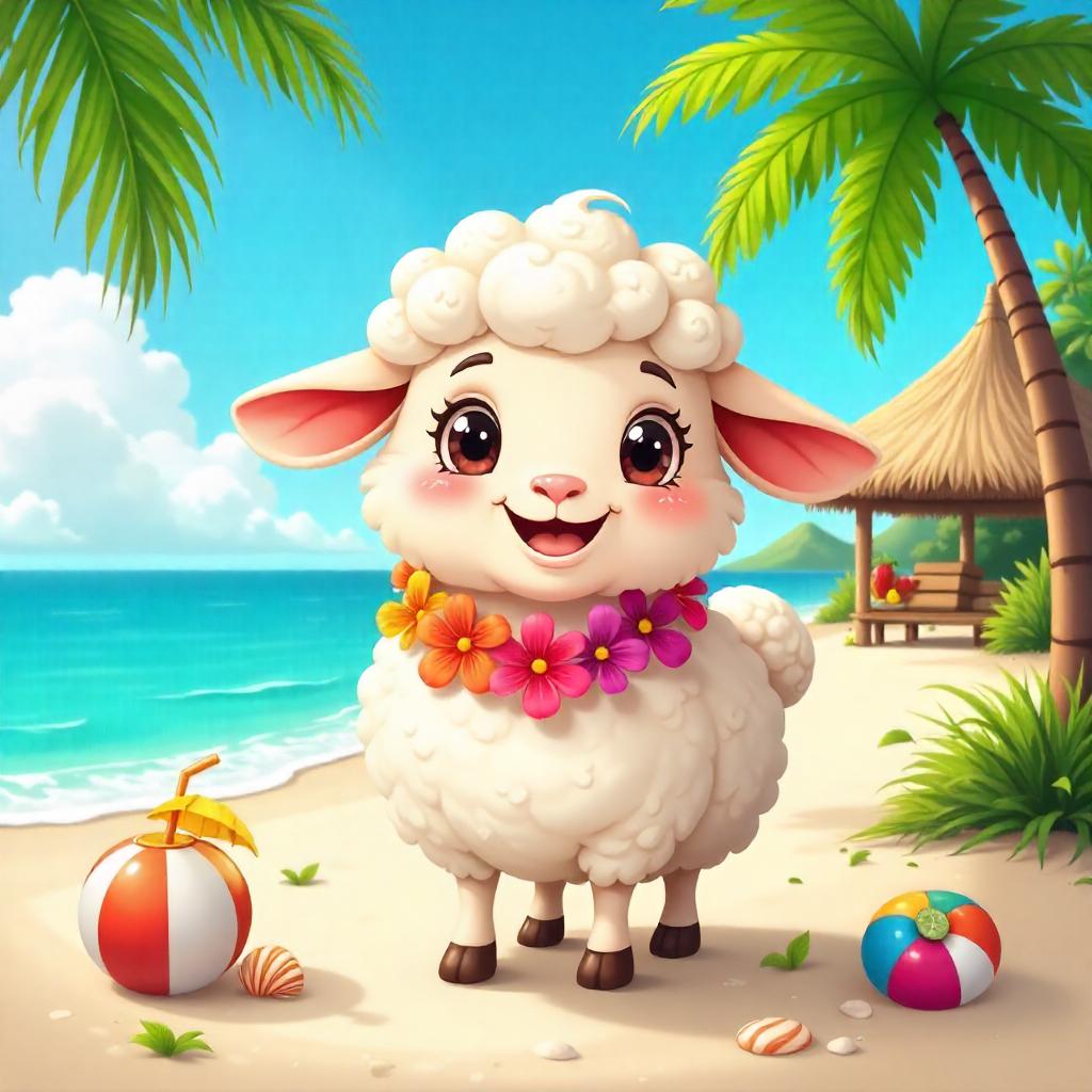 Playful Cartoon Sheep on a Tropical Island