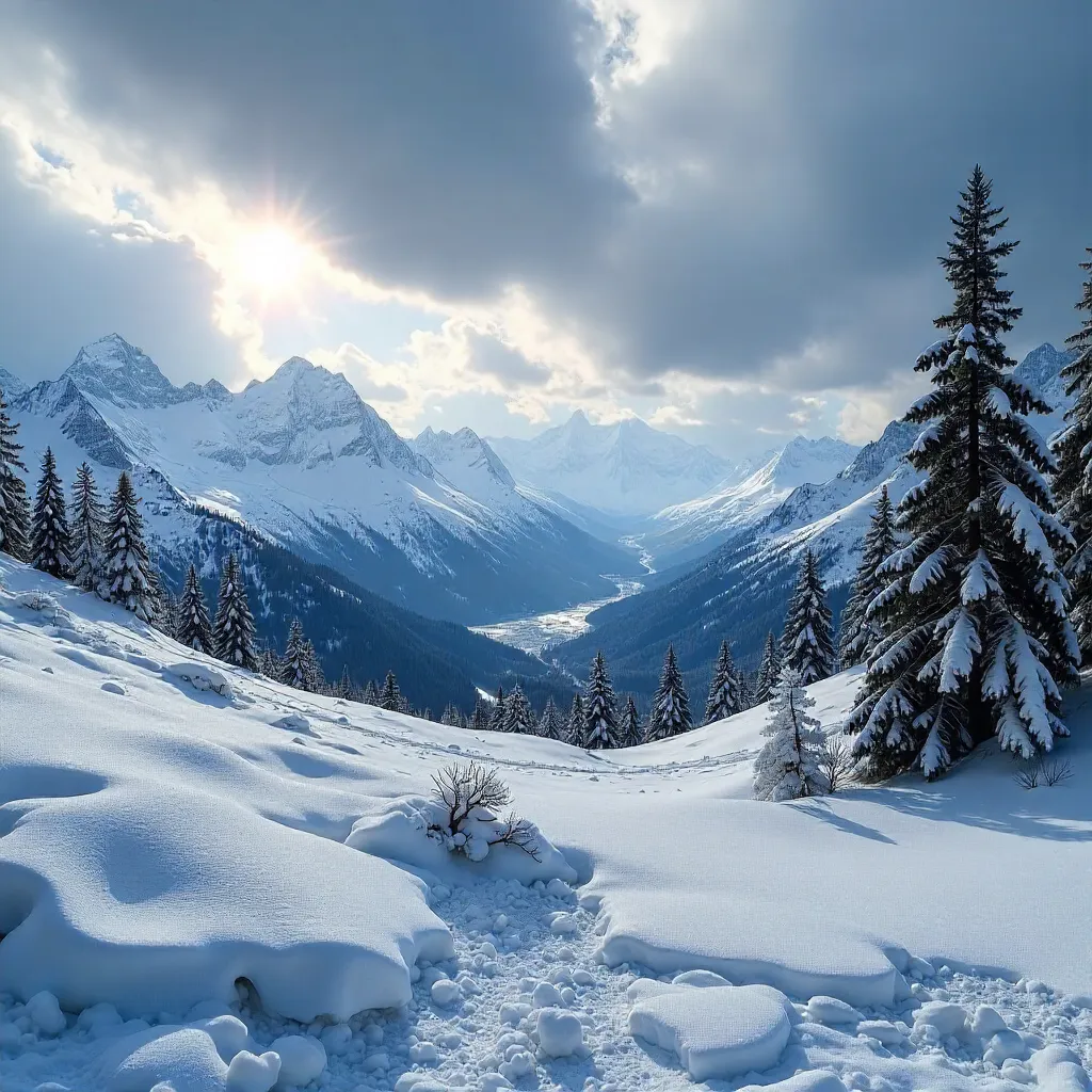 Majestic Swiss Alps: Snowfield Under Dramatic Sky