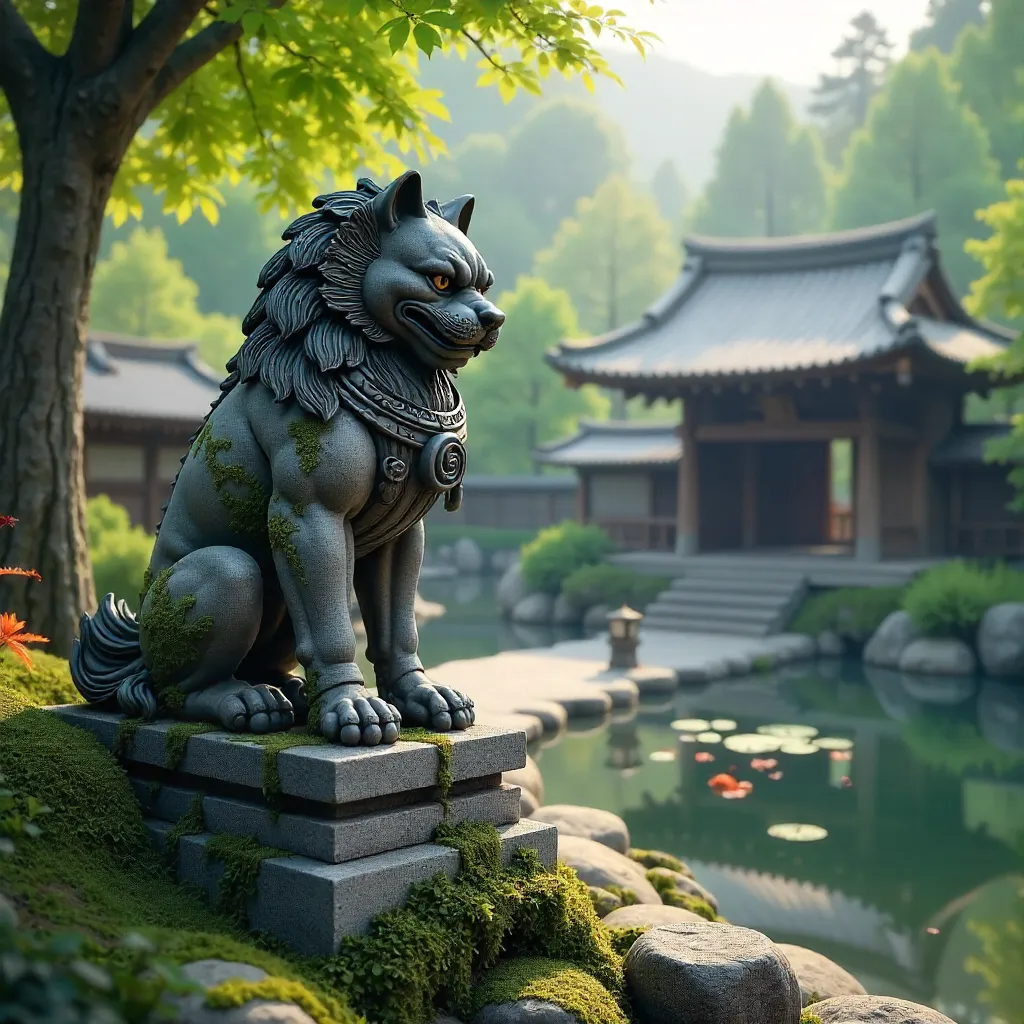 Komainu Guardian in a Nagoya Shrine Garden