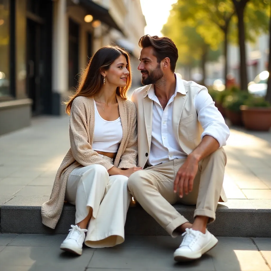 Beige and White Casual Couple on Urban Pavement