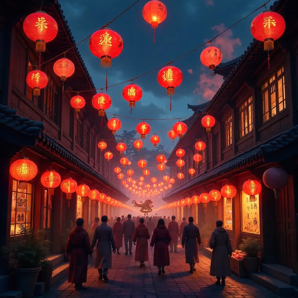 Colorful Red Lanterns in a Lively Cultural Night