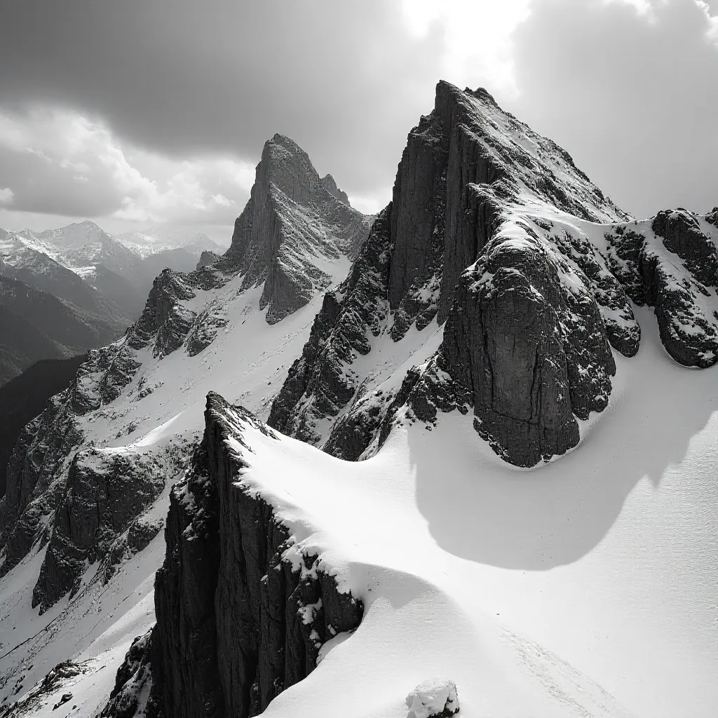 Monochrome Fury: Snow-Covered Rocky Peaks