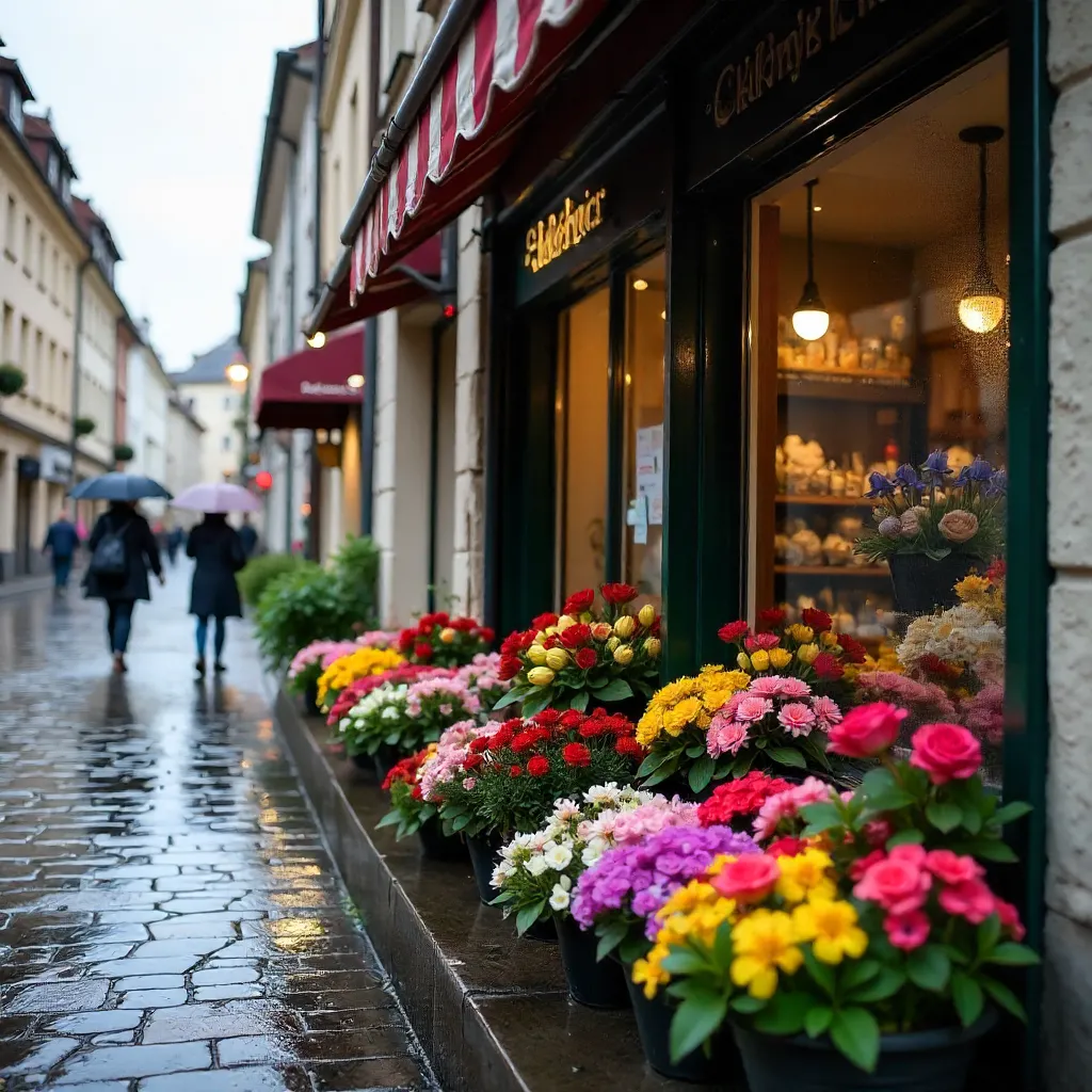 Vibrant Flowers in Rainy Stuttgart Shopfront