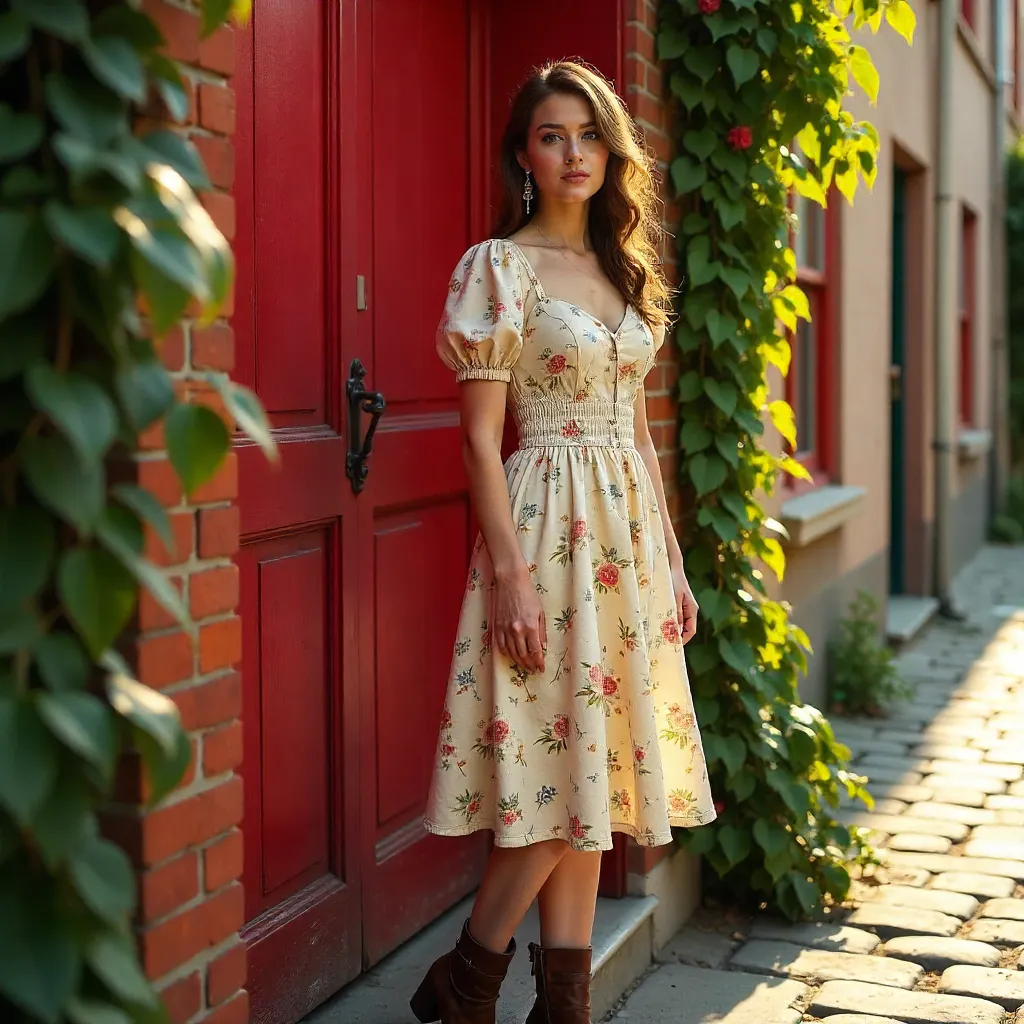 Charming Woman by a Red Door in Vintage Floral Dress
