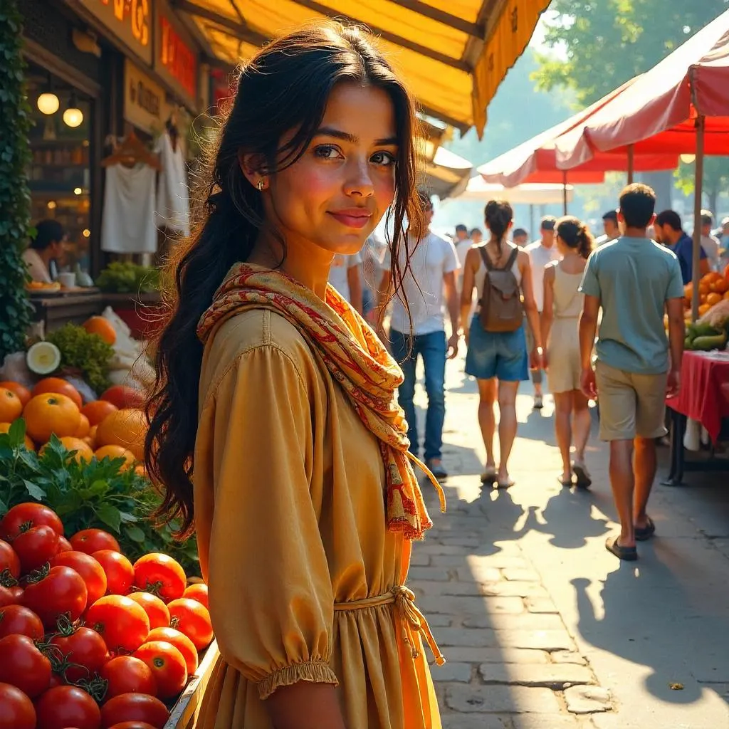 Oil Portrait: Middle Eastern Girl at a Lively Farmers Market