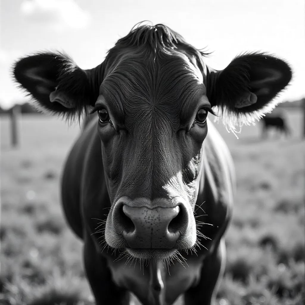 Close-Up Black-and-White Cow Portrait in a Field