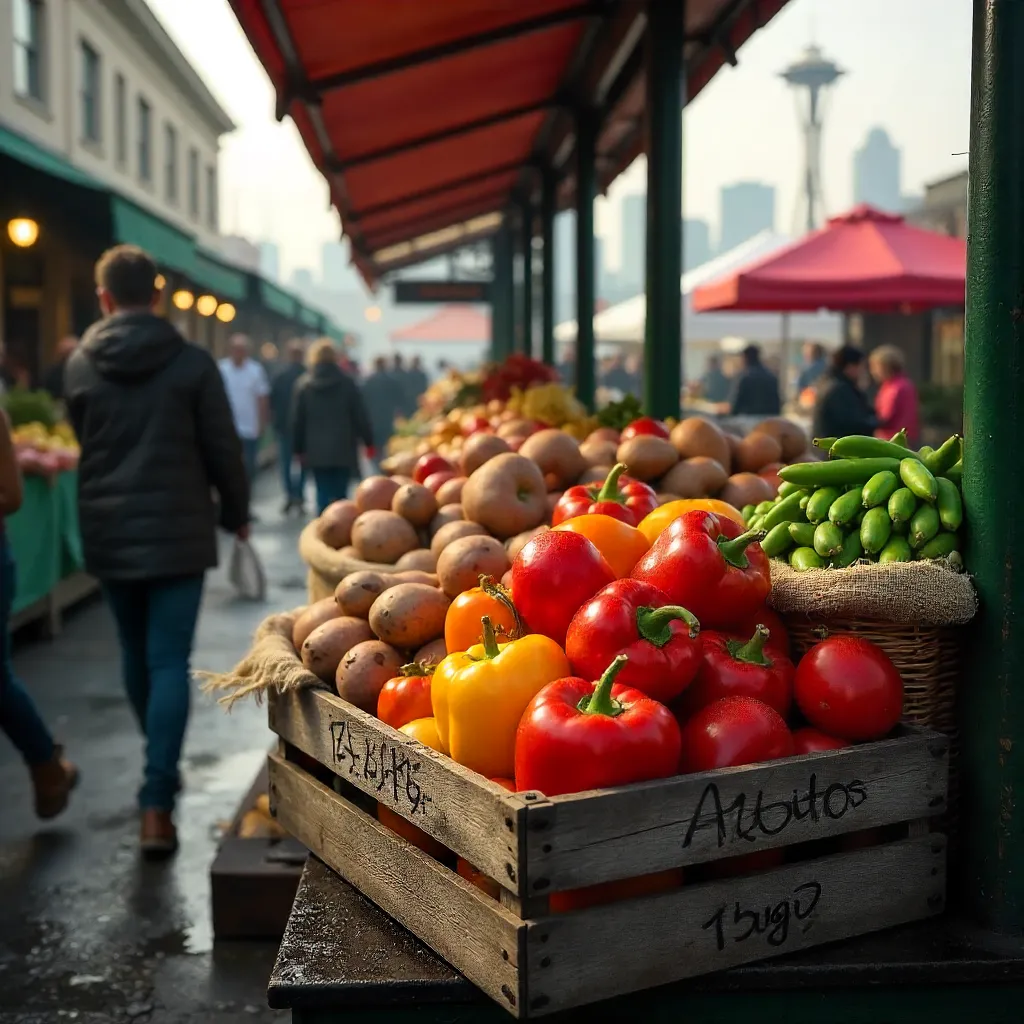 Vibrant Veggie Display at a Seattle Market Stall