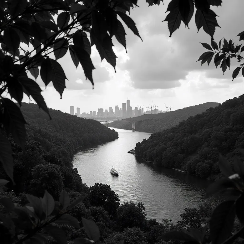 Leaf-Framed Noir: River, City, and Nature