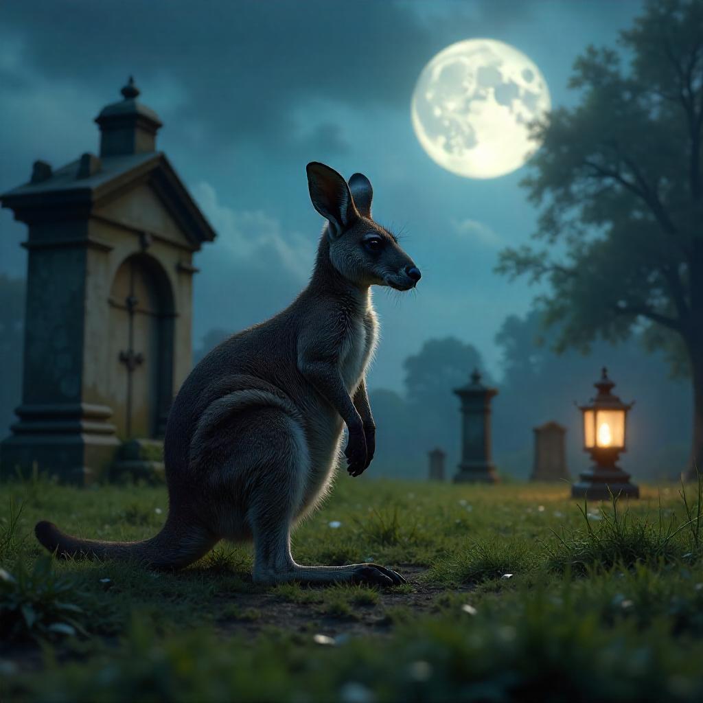 Photorealistic Kangaroo in a Moonlit Graveyard