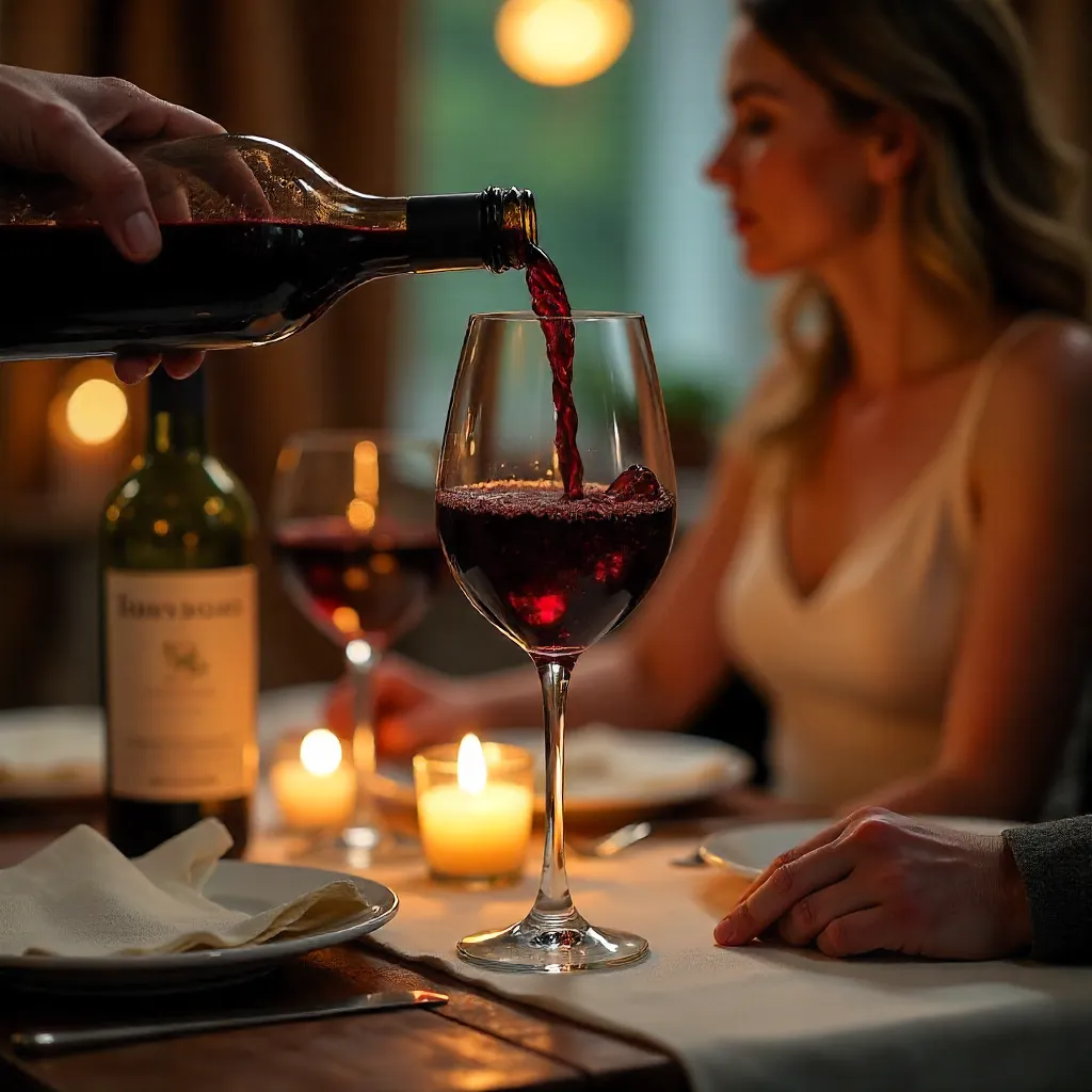 Romantic Pour: Red Wine at a Candlelit Dinner