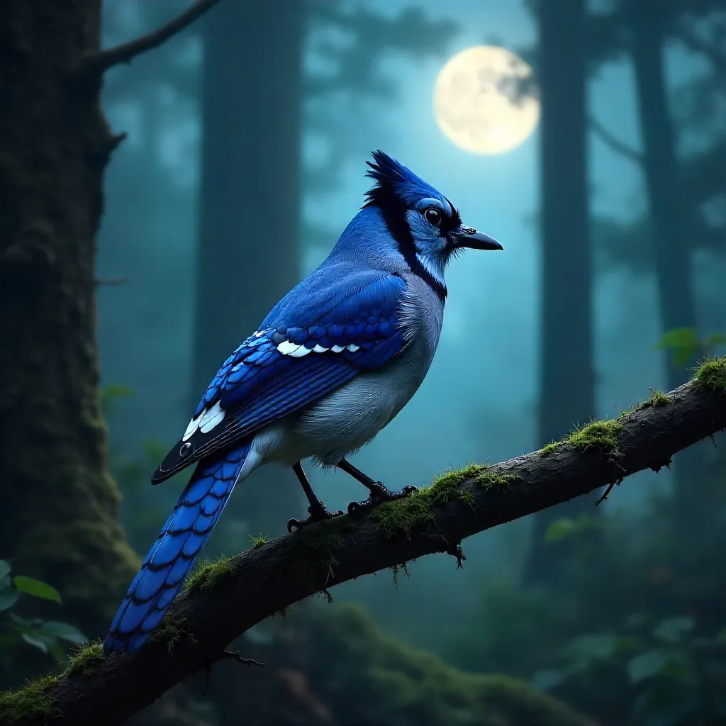 Stunning Blue Jay in a Dark Forest Ambience