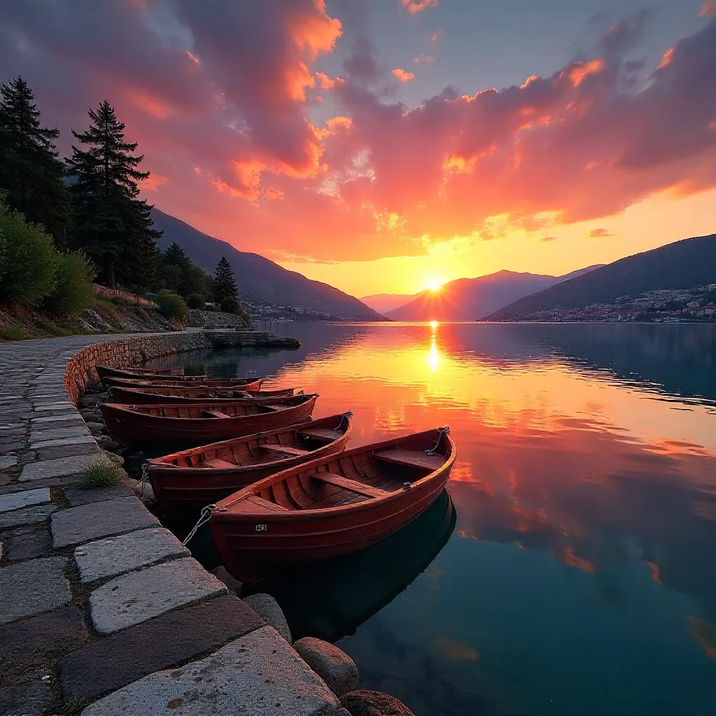 Serene Ohrid Sunset Over a Tranquil Lake