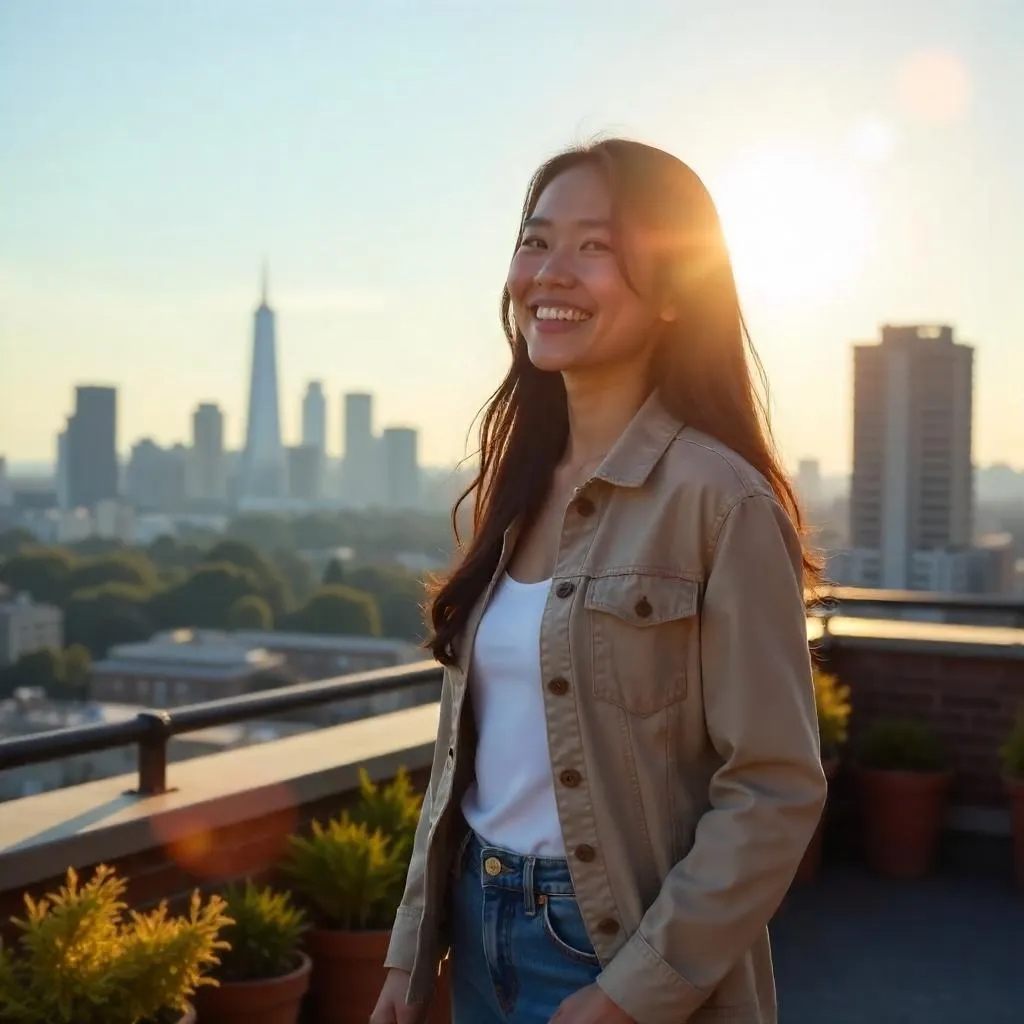 Cheerful Asian Woman on a Rooftop at Sunset