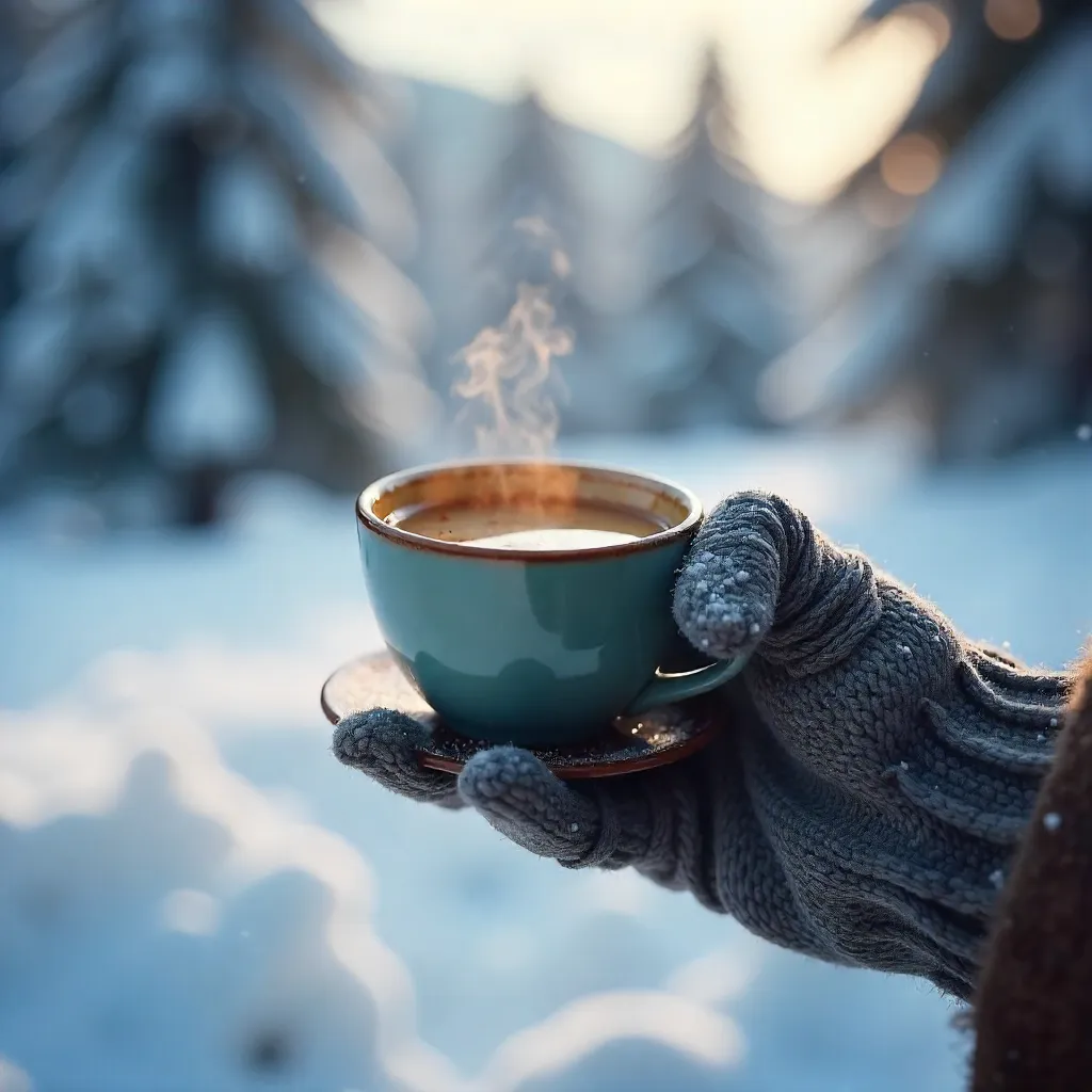 Warm Espresso Outdoors Among Snowy Forest Trees