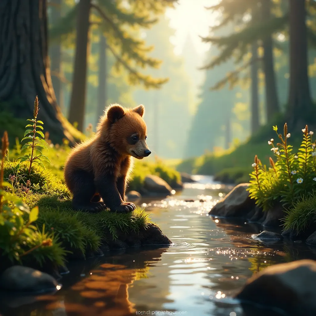 Sunny Morning Bear Cub Exploring the Forest