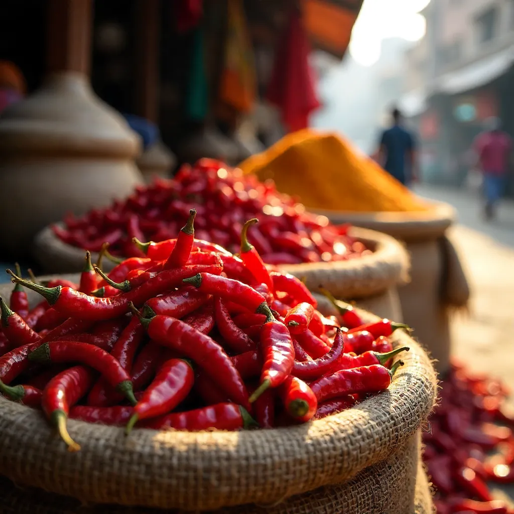 Dynamic close-up: vibrant red dried chilies at Jaipur market