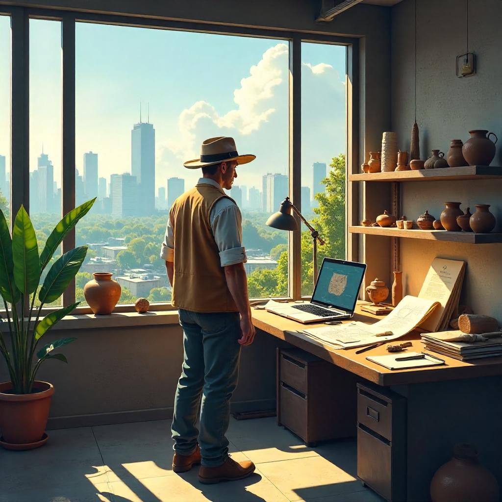 Archaeologist in a Modern Office: Digital Art