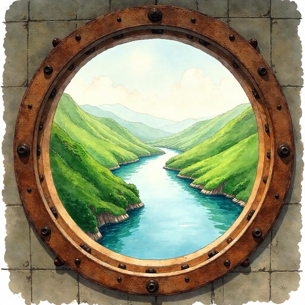 Watercolor River View from an Airship