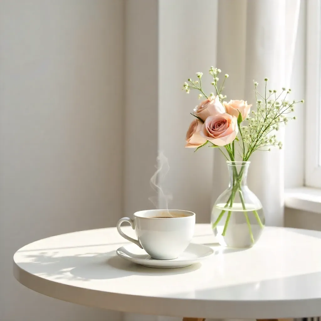 Minimalist Coffee Cup with Flowers on White Table