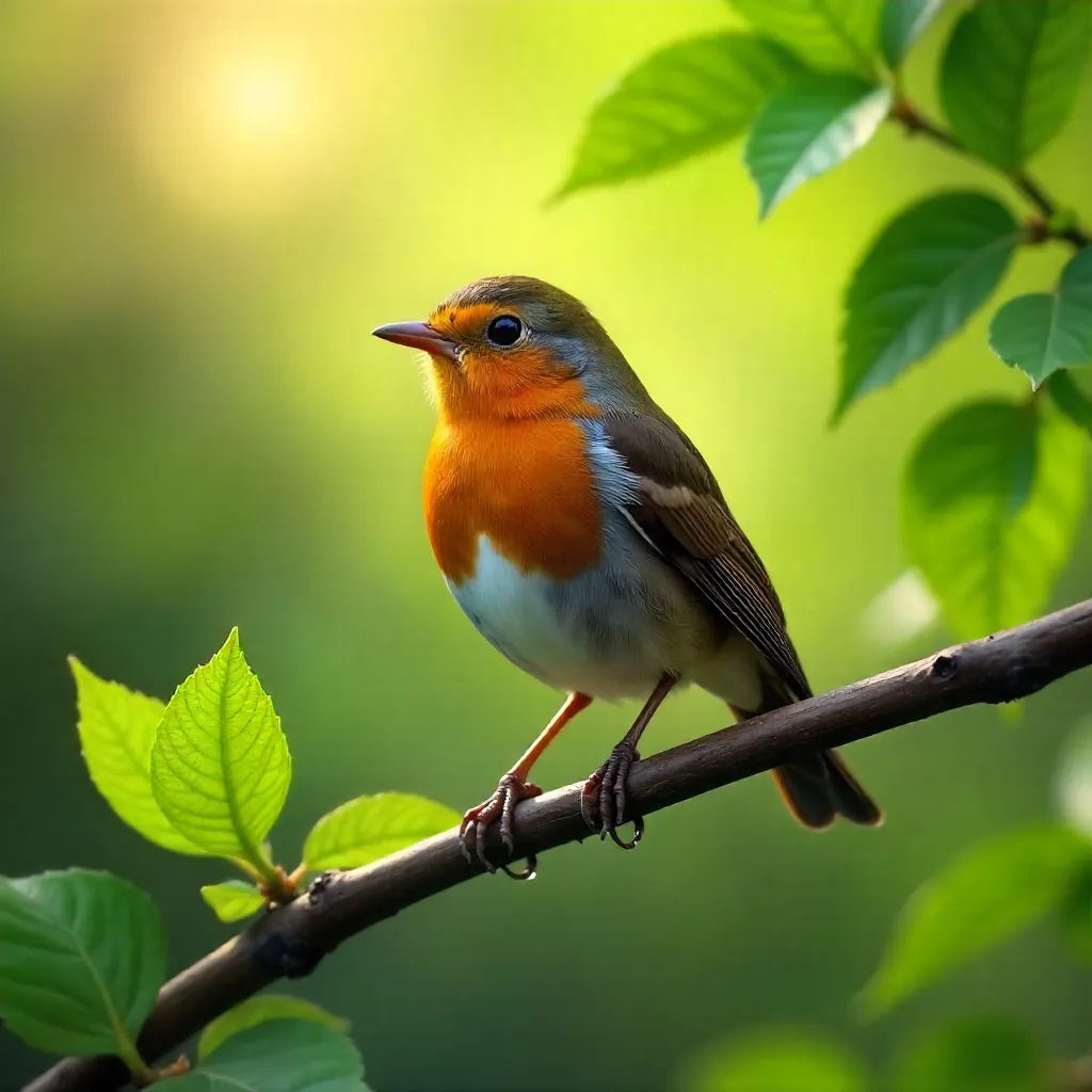 Vibrant European Robin Amid Lush Green Leaves