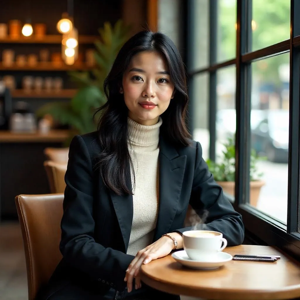 Stylish Asian Woman in a Photorealistic Café