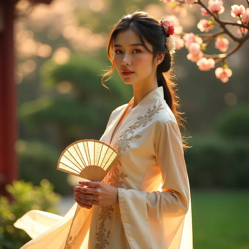 Elegantly Dressed Woman in Traditional Silk with a Folding Fan