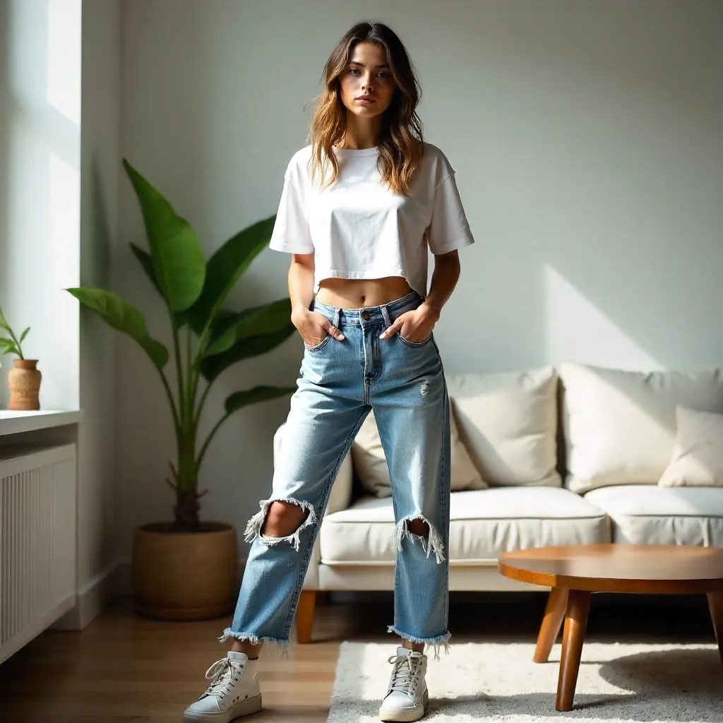 Indoor Chic: Distressed Denim Fashion Look