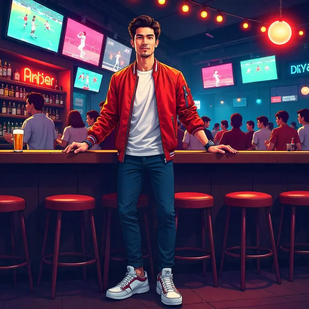 Stylish Asian Man in a Lively Cartoon Sports Bar