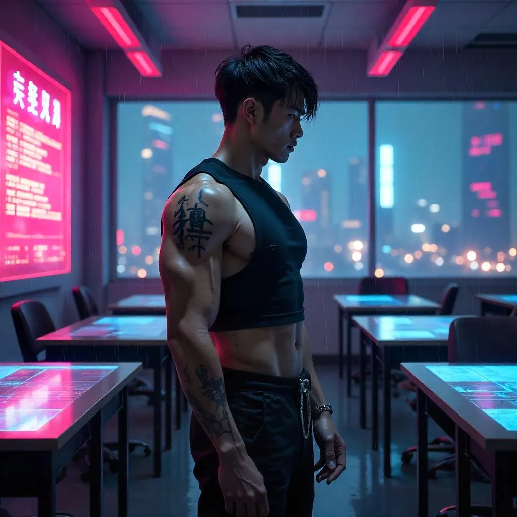 Athletic Asian in a Neon Cyberpunk Classroom