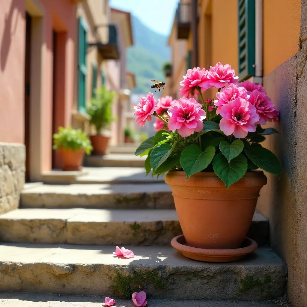 Blooming Pink Pelargoniums on Rustic Napoli Stairs