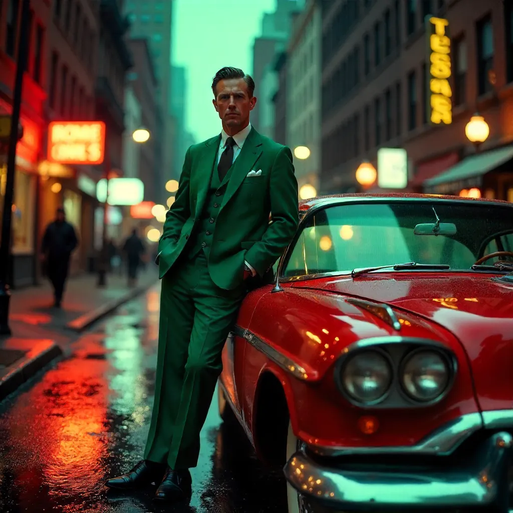 Emerald-Suited Man Leaning on a Classic Red Car